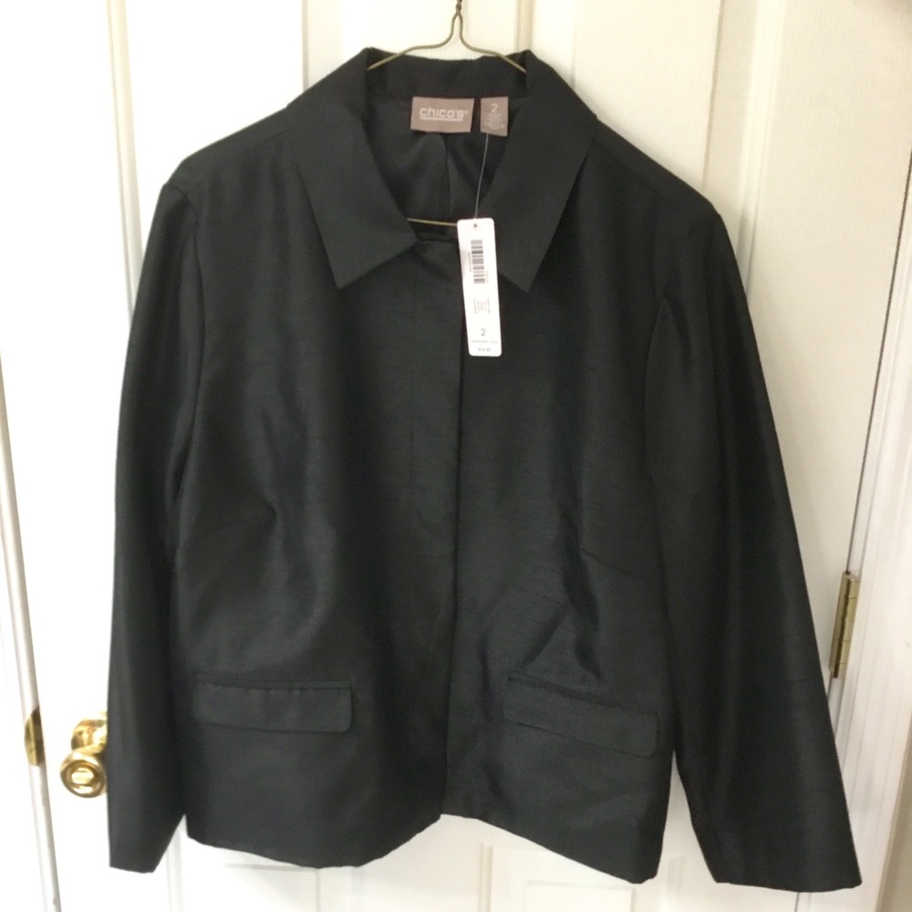 Chico’s Silk Shantung Black 3/4 Sleeve Jacket, NWT,  Size 12 ( 2 in Chicos Size)